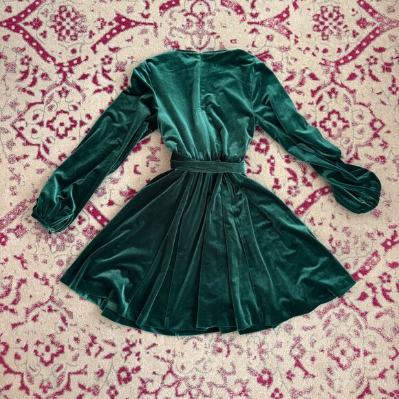 Badgley Mischka V-Neck Long Sleeve Green Velvet Dress - Size 0 - Picture 3 of 7